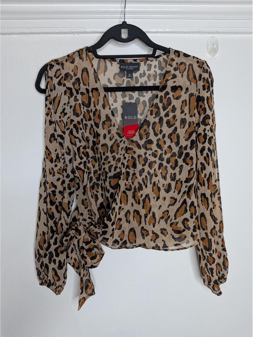 BOLD Elements Blouse Womens XS Brown Leopard Wrap Tie Chiffon Long Sleeve Top